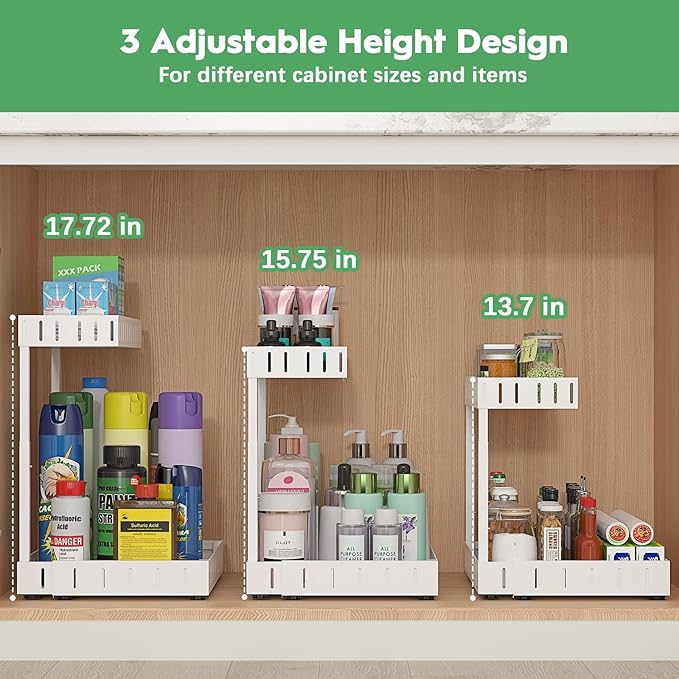 REALINN Under Sink Organizer, 2 Tier Expandable Under Cabinet Organizer, Heights Adjustable Pull Out Storage for Kitchen Bathroom Laundry, White, 2 Pack