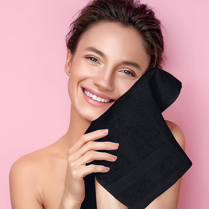 GLAMBURG Ultra Soft 12-Piece Washcloths Set 13x13-100% Ringspun Cotton - Durable & Highly Absorbent Face Towels - Ideal for use in Bathroom, Kitchen, Gym, Spa & General Cleaning - Black