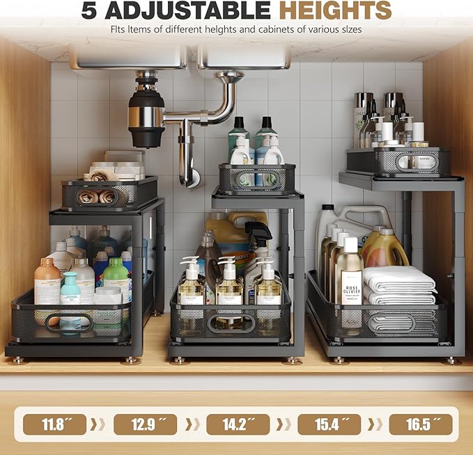 2-Pack 18.5 IN Depth Under Sink Organizer With Next-Gen Ball-Bearing Slides,Sophisticated Mesh 2-Tier Pull Out Shelf for Kitchen & Bathroom,Fits Small Items-Black