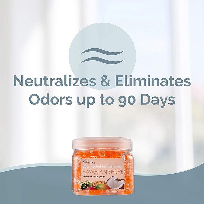 Clear Air Odor Eliminator Gel Beads - 12 oz, Pack of 2 - Air Freshener Made with Essential Oils - Eliminates Odors in Bathrooms, Cars, Boats, RVs & Pet Areas - Hawaiian Shore Scent