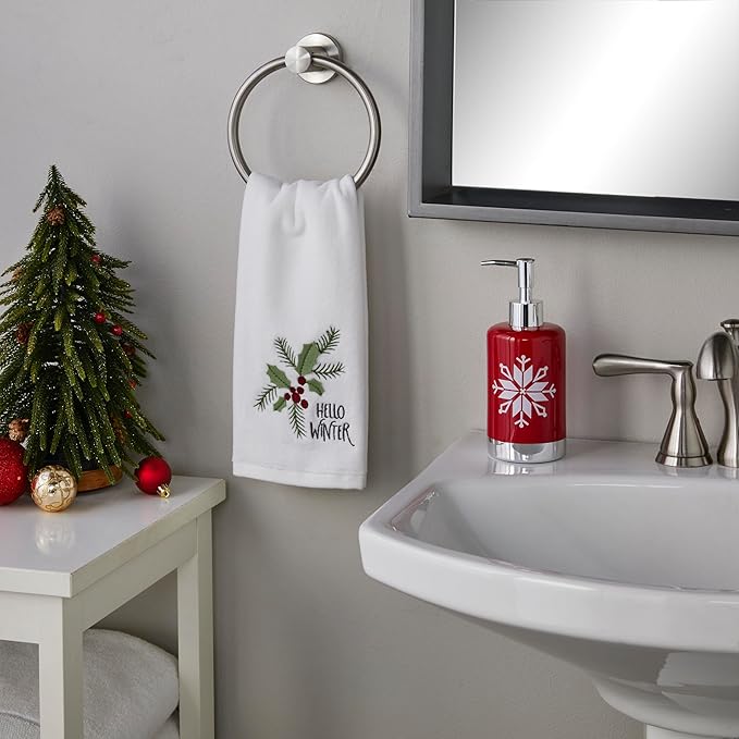 SKL Home Christmas Hello Winter Holly 3D Hand Towel 2pc Set for Bath/Kitchen/Bar & Gift, White