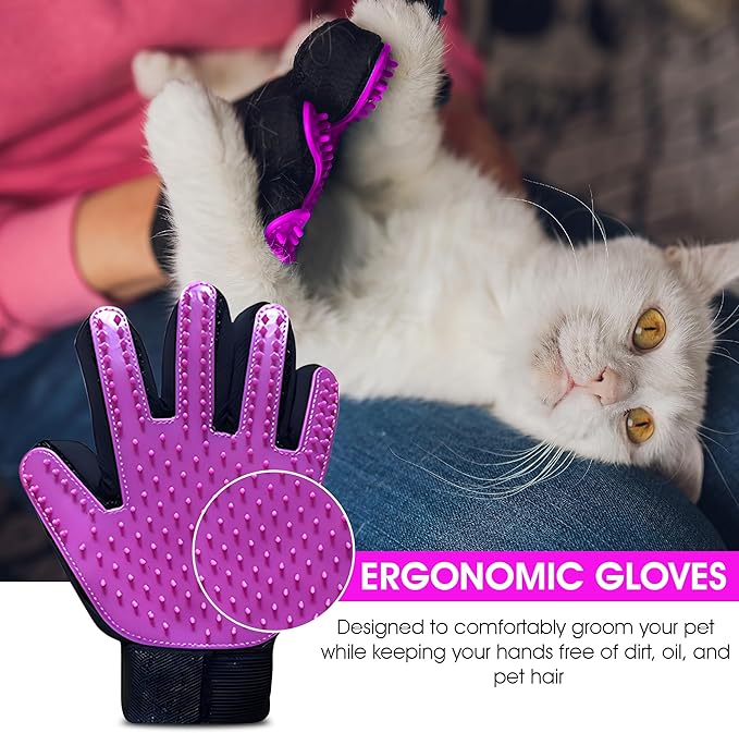 Upgrade Pet Grooming Gloves, Grooming Gloves for Dogs, Cats, Rabbits & Horses with Long and Short Hair, Efficient Pets Hair Remover Mittens - 1 Pair (Purple)