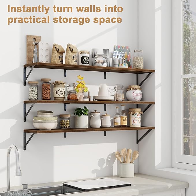 Fun Memories Extra Long Floating Wall Shelves, 48 x 8 Inches, Set of 3 Large Wood Floating Bookshelves with Metal Brackets for Storage & Display (Walnut)