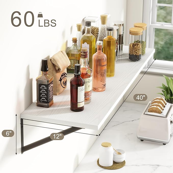 Fun Memories 40 Inch Floating Shelves, 12 Inch Deep Wall Shelf, 40 x 12 Floating Shelf Set of 2, White Wood Floating Shelf Wall Mounted, Large Kitchen Living Room Bedroom Storage Shelves