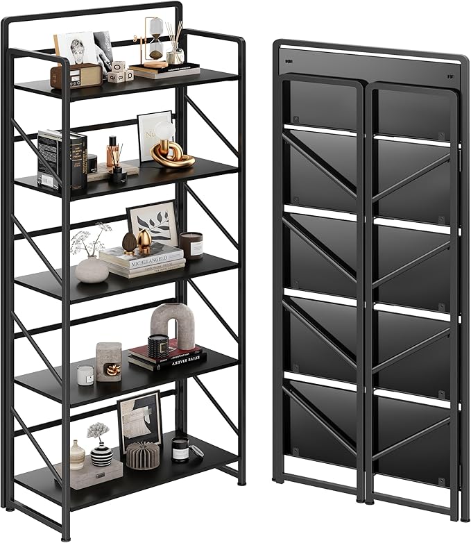 JSB No Assembly Folding Bookshelf, 5 Tier Industrial Metal Book Shelf for Storage, Vintage Wood Foldable Bookcase for Living Room, Bedroom, Office Organization Shelves