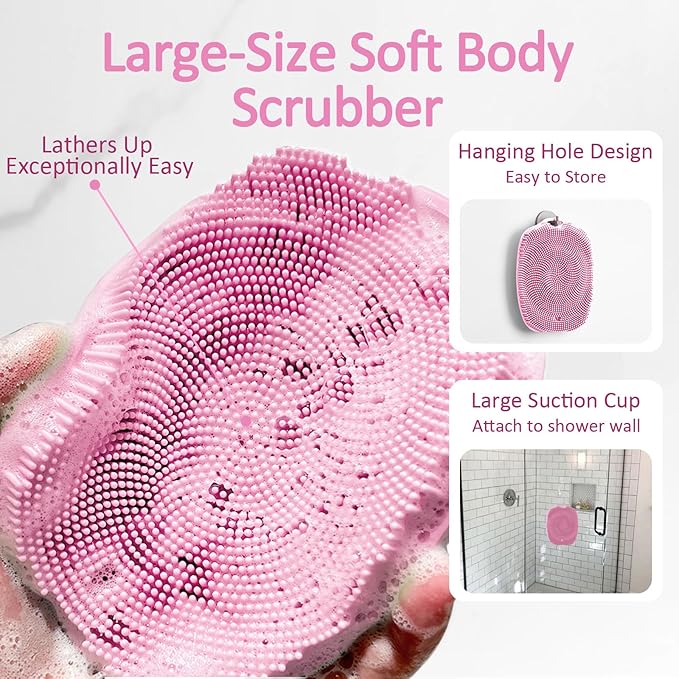 Soft Silicone Body Scrubber, Gentle Like a Hand Exfoliating Your Skin and Build Up Lather, Back Large Suction Cup Easy to Store, & Deep Clean (Body Scrubber + Face Scrubber Pink)