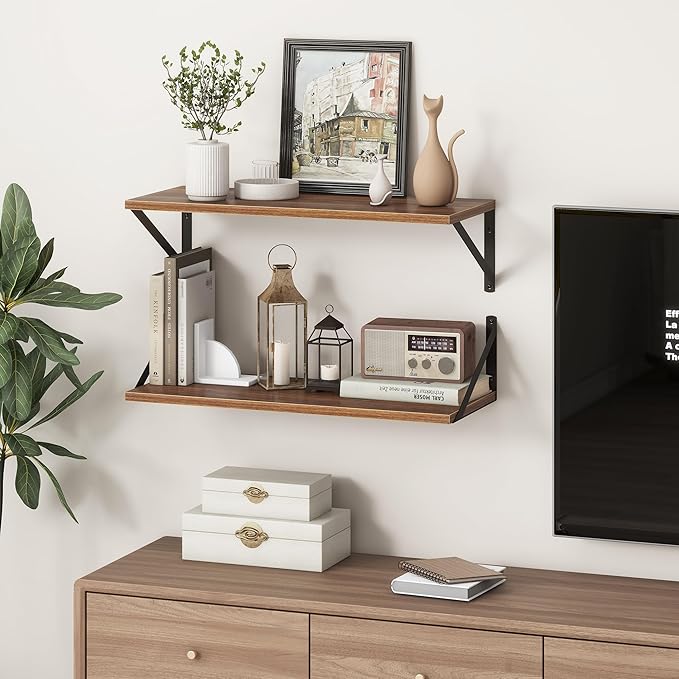 Deep Walnut Floating Shelves for Wall, 24"W x 10"D Wall Shelves Set of 2, 10 Inch Deep Floating Shelf with Brackets, Wide Display & Storage Shelves for Books, Living Room, Kitchen, Bathroom