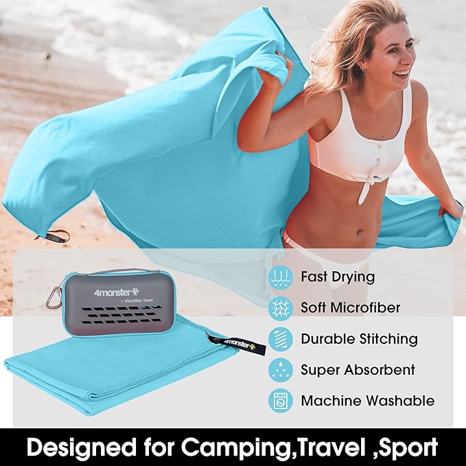 4Monster Camping Towels Super Absorbent, Fast Drying Microfiber Travel Towel, Quick Dry Ultra Soft Compact Gym Towel for Swimming Beach Hiking Yoga Travel Sports Backpack (20.00" x 12.00", Lake-green)