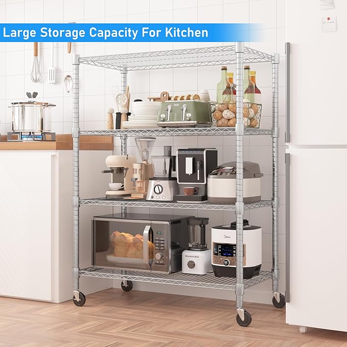 Homdox 4 Tier Heavy Duty Metal Shelves for Storage, Storage Racks and Shelving with Wheels, Commercial Adjustable Wire Shelving Unit, Garage Rack Pantry Shelves Kitchen Shelving, Chrome