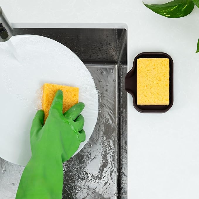 Zulay Kitchen Small Silicone Sponge Holder (4.9x3.3”) – Space-Saving Sink Organizer Tray for Sponge, Soap, Brush & More – Compact Non-Slip Dish for Kitchen & Bathroom (Chocolate)