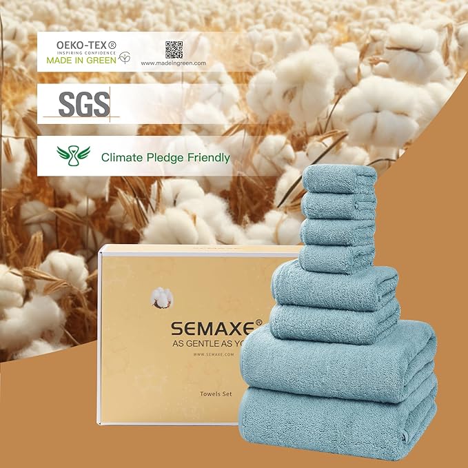 SEMAXE Bath Towel Set, 100% Cotton Bathroom Towels with Hanging Loops and Nano-Bio Lifecycle Labels, 8 Piece Towel Set Include 2 Bath Towels, 2 Hand Towels, 4 Washcloths, Blue