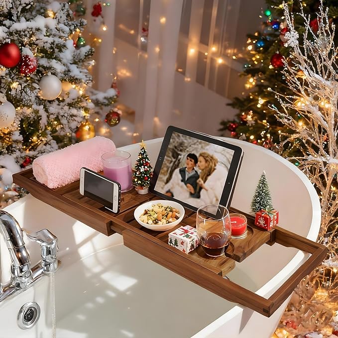 VaeFae Premium Teak Bathtub Tray, Expandable Wooden Bath Tray for Tub, Luxury Bathtub & Bathroom Accessories, Great House Warming, Anniversary & Wedding and Birthday Gifts (Free Teak Body Brush)