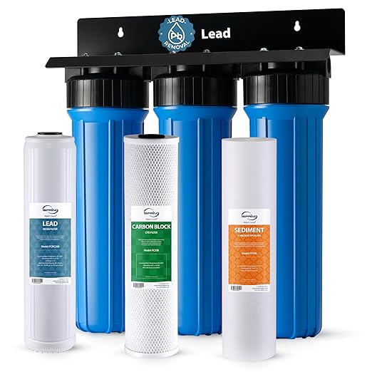 iSpring Lead-Reducing Whole House Water Filter System, Also Reduces Chlorine, Taste, Odor, 3-Stage Whole House Water Filtration System, Model: WGB32B-PB, 1" NPT Inlet/Outlet