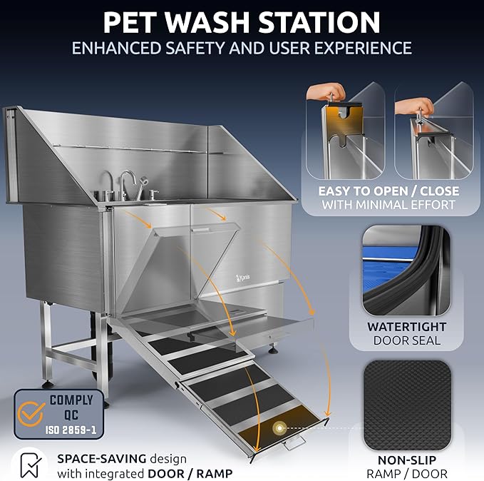 KANIS Professional Dog Washing Station - 304 Stainless Steel Pet Wash Sink & Grooming Bathtub w/Shower, Floor Grates and Storage for Large, Medium & Small Pets (61", 1 Drawer - Left Ramp)