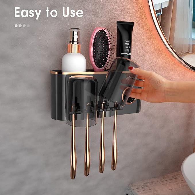 iHave Toothbrush Holders Bathroom Accessories with Toothpaste Dispenser, 2 Cups Toothbrush Holder Wall Mounted Bathroom Decor