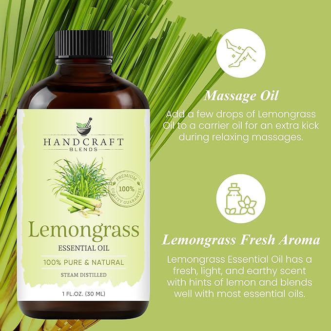 Handcraft Blends Lemongrass Essential Oil – 1 Fl Oz – 100% Pure and Natural – Premium Grade Essential Oil for Diffuser and Aromatherapy, Skin, Massage, Candle and Soap Making Fragrance
