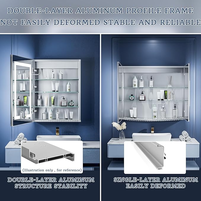 ExBrite LED Lighted Bathroom Medicine Cabinet with Mirror, 24 x 30 Inch, Recessed or Surface Mount, Anti-Fog, Stepless Dimming, Color Temperature Adjustment, 2 Outlets, Storage Shelves, Left Hinge
