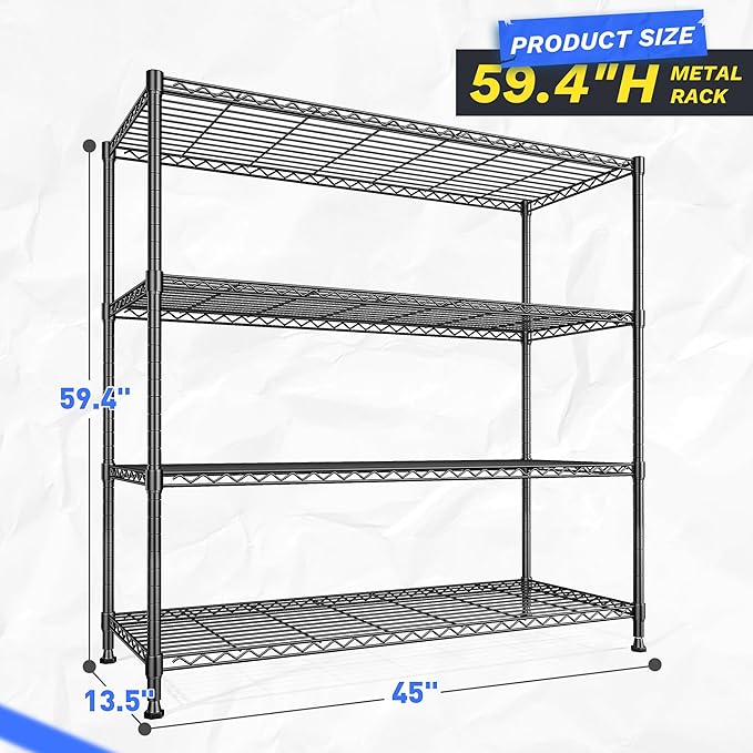 45 "W Metal Shelving Unit 4 Tier Storage Shelves Adjustable Wire Shelving Metal Shelf Pantry Shelves Wire Rack Commercial Shelving for Kitchen Pantry Utility Room Garage 45 "W x 59.4 "Hx 13.5" D Black