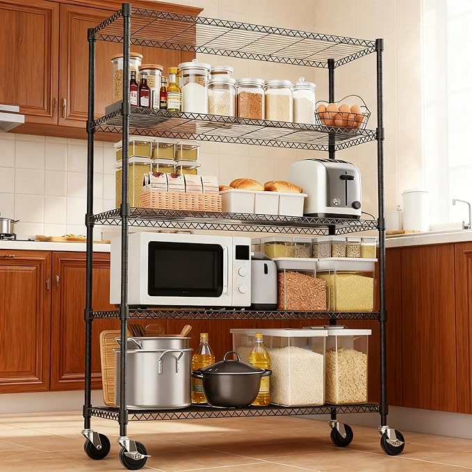 5 Tiers Shelf 1750 lbs Steel Storage Shelving Utility Shelving Unit Steel Organizer Wire Rack for Home,Kitchen,Office,Garage Black 17.7" D x 47.2" W x 76.8" H
