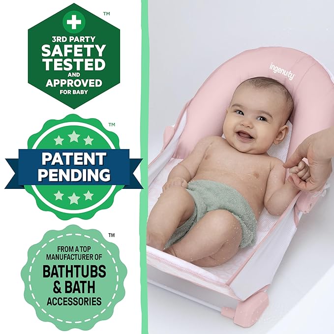 Ingenuity Foldaway 2-Position Bather, 2-Position Adjustable Support Baby Bath seat for Sink or Bathtub, Ages 0-6 Months, up to 20 pounds, Pink