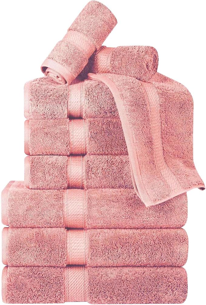 BNM Egyptian Cotton Heavyweight Towels, Ideal For Bathroom, Shower, Spa, Hotel, 800 GSM, Face/ Washcloths, Hand Towels, Bath Towels, Highly-Absorbent, Luxury Basics, 9 Piece Towel Set, Tea Rose Pink