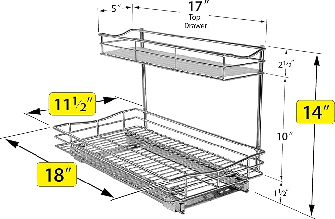 LYNK PROFESSIONAL® Pull Out Under Sink Kitchen Cabinet Organizer - 11.5 in. x 18 inch deep Drawer - Sliding Shelf Organizer for Cabinets and Undersink Storage Shelves - Lifetime Ltd. Warranty – Chrome