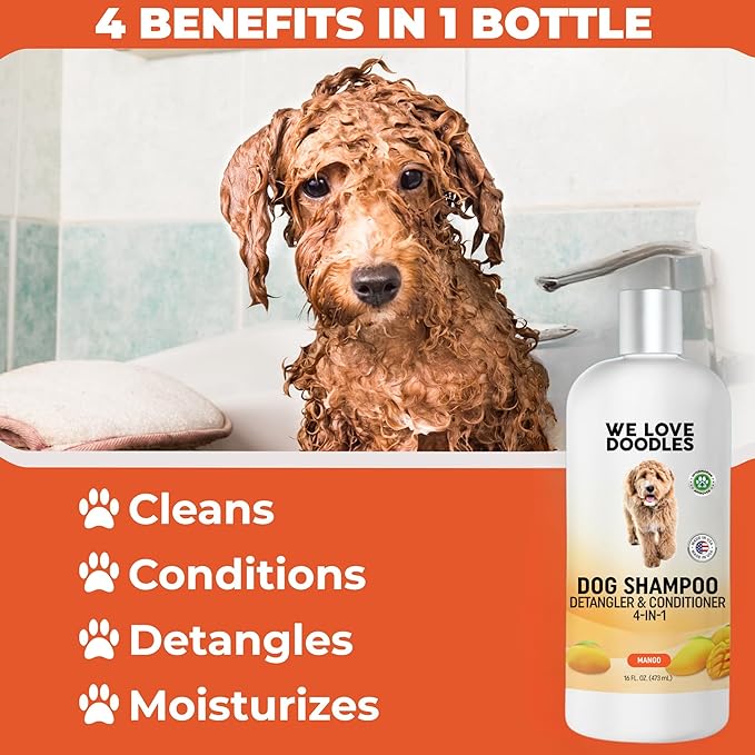 Dog Shampoo and Conditioner & Detangler - Best Goldendoodles, Poodles & Doodle Shampoo for Smelly Dogs - Sensitive Skin Puppy Shampoo - Made in The USA, Doodle Must Haves, 16OZ (Mango)