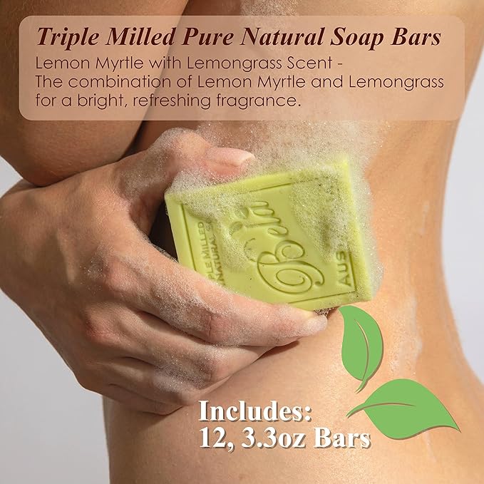 BELA Lemon Myrtle and Lemongrass Soap 3.3 OZ Pack of 12, Long Lasting French Triple Milled Bar Soap with Organic Shea Butter Hand, Face and Body Wash Bar, Made in Australia