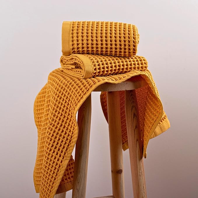 PÜSKÜL Organic Waffle Kitchen Towel 100% Turkish Cotton Set of 3 Mustard Yellow - Premium Quality, Soft, Quick-Dry, Absorbent, Lint-Free Hand Towels 32X16 Inches (3, Mustrad Yellow)