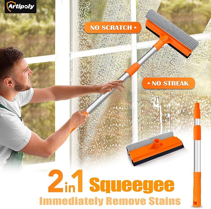 Squeegee for Window | 2-in-1 Window Cleaner Sponge and Soft Rubber Strip with Telescopic Extension Pole 18”-29” | Window Washer for Shower, Car Windshield, Mirror, Glass Cleaning