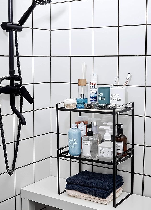2pk Kitchen Cabinet Shelf Counter Organizer Rack Pantry Storage Bathroom Bedroom Office Table Desk Space Saving Steel Frame Stackable Rust Resistant Non Slip Black-Tall-L13in W8.3in H9.5in