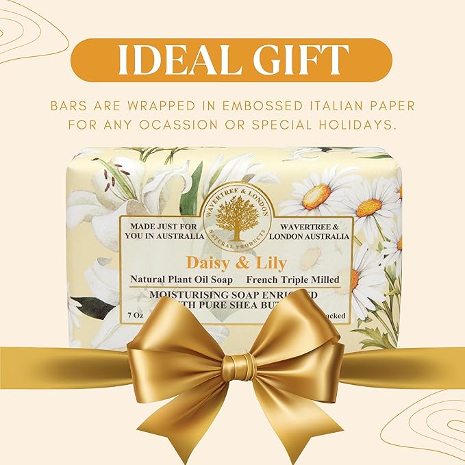 Wavertree & London Daisy & Lily Scented Natural Soap (2 Bars), 7oz Moisturizing French Triple Milled Soap Bars enriched with shea butter - Pure Plant Based Bath & Body Bars for All Skin Types
