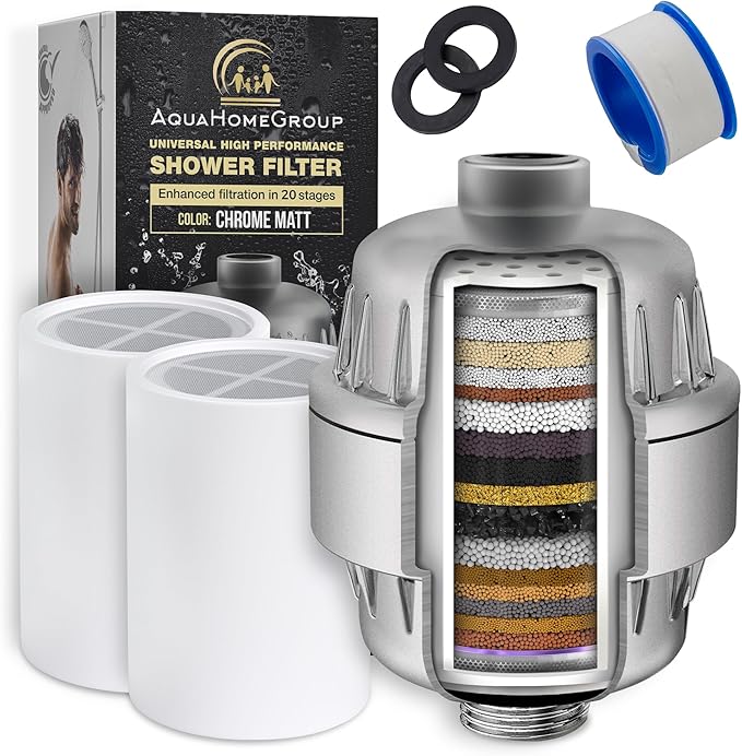 AquaHomeGroup 20 Stage Shower Head Filter with Vitamin C E A for Hard Water - High Output Water Filters to Remove Chlorine and Fluoride - 2 Cartridges Included - Consistent Flow Showerhead Filter