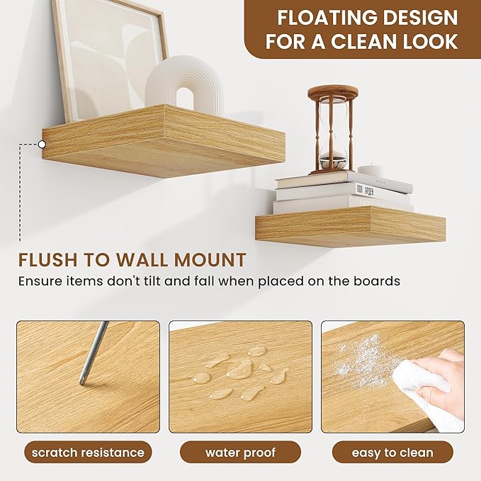 fuqing Floating Shelves for Wall, Wall Mounted Wood Floating Shelf with Invisible Brackets for Living Room, Bathroom, Bedroom, Kitchen Storage and Decor,6.5 Inch Set of 3, Oak