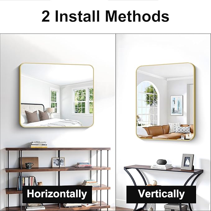 Gold Bathroom Mirror,30x36 inch Wall Mirror for Bathroom Wall Mounted,Round Rectangle Mirror for Bathroom Over Sink,Modern Frame for Home Decor Living Room,Bedroom Entryway,Horizontal/Vertical