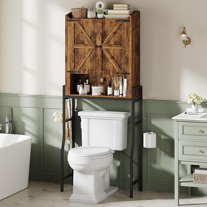 Over The Toilet Storage Cabinet, Over Toilet Organizer with 2-Door & Metal Stand, Bathroom Organizers and Storage with Adjustable Shelves for Bathroom, Restroom, Laundry, Rustic Brown