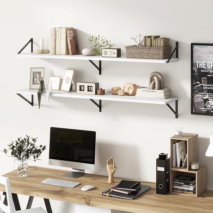 Floating Shelves 55 Inch Long, 10" Deep Floating Shelves, White Wall Shelves 55 x 10, Set of 2, Wide Large Display Storage Shelves for Bathroom, Living Room, Rustic Wood Shelves with Brackets