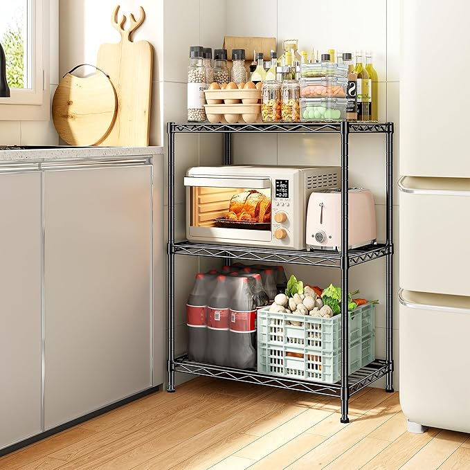 35.4''H Shelf 3 Tier Storage Shelves Metal Shelving,Adjustable Small Wire Shelving Unit,Utility Steel Shelving Organizer Storage Rack for Kitchen Bedroom Laundry Pantry Office,17.7''Wx11.8''D,Black