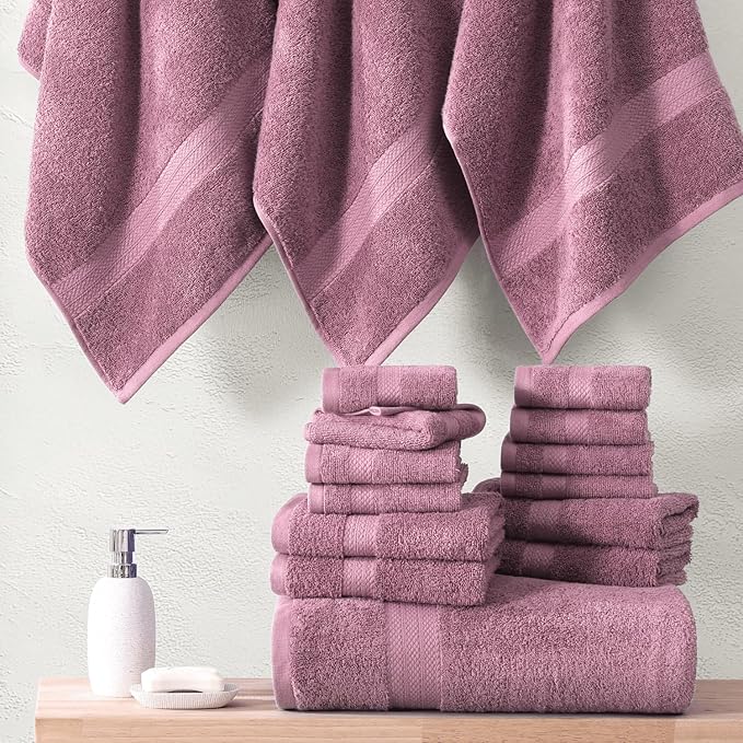 LANE LINEN 100% Mercerized Cotton Luxury Bathroom Towel Set - 16 Pcs - Super Soft, Fluffy & Highly Absorbent - 4 Bath Towels, 8 Washcloths, 4 Hand Towels - Pre Shrunk, Pet Friendly - Wishful Mauve