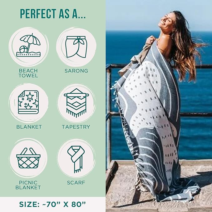 Sand Cloud Turkish Beach Towel - Sand Free - 100% Organic Turkish Cotton Yarn - Quick Dry Towel for Beach, Picnic, Blanket or Bath - As Seen on Shark Tank - Marine Life (Typus Whale Shark)