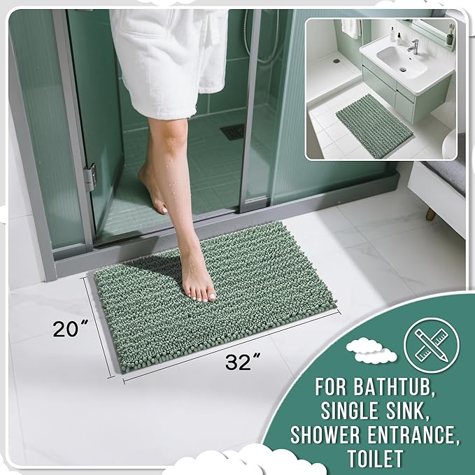 Yimobra Bathroom Rugs Non Slip Washable 32x20 Inch - Ultra Soft Absorbent Chenille Bath Mat, Quick Dry Shaggy Floor Carpet for Tub Shower, Green Home Decor Accessories