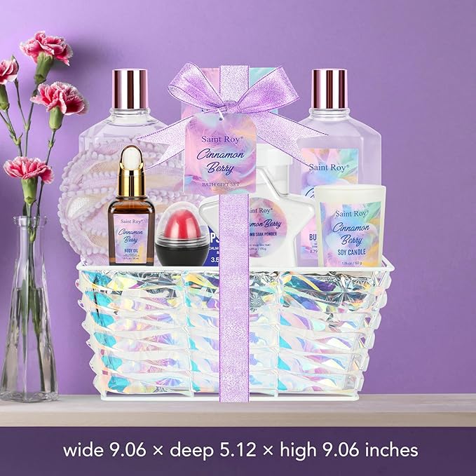 Christmas Spa Gift Set Basket for Women Cinnamon Berry, Gift Baskets, Spa Gifts Women Teen Girls Bath and Body Gift Sets,Self Care Spa Kit