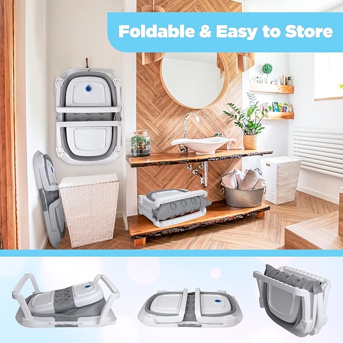 BEBELEH™ Collapsible Baby Bathtub with Thermometer – Bathtub + Baby tub Sling + Newborn Sling – Baby Bathtub Newborn to Toddler 0-24 Months – The Ultimate Baby Bath Tub! (with Thermometer,Gray)