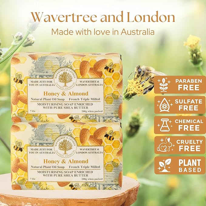 Wavertree & London Honey Almond Scented Natural Soap (2 Bars), 7oz Moisturizing French Triple Milled Soap Bars enriched with shea butter - Pure Plant Based Bath & Body Bars for All Skin Types