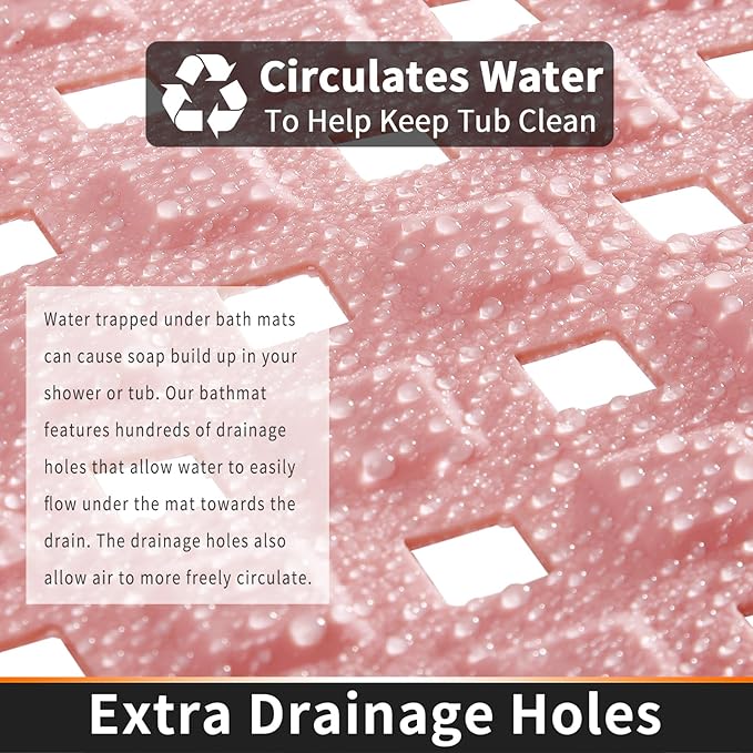 Yimobra Non Slip Bath Mat, Super Strong Suction Cups,34.5"x15.5"Long Tub Mat with Drain Holes, Machine Washable Fast Draining Shower Mats, Bathroom Essentials,Pink
