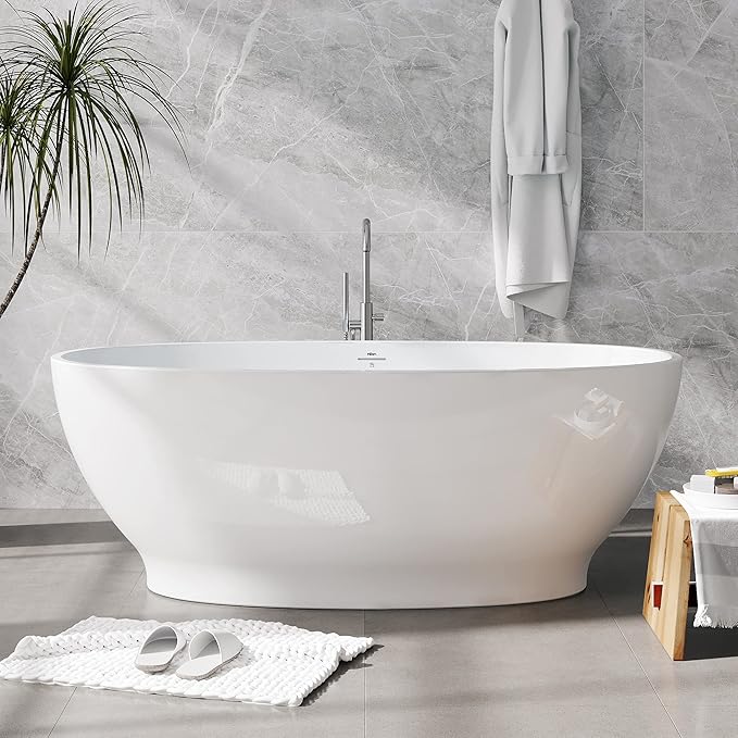 FerdY Koh Samui 65" Freestanding Bathtub, Elegant Oval Shape, Double Walled Insulation Bathtub with Center Brushed Nickel Drain & Minimalist Linear Design Overflow