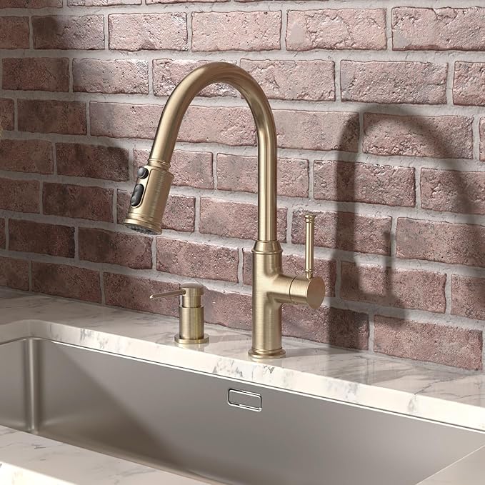 Lava Odoro Champagne Gold Soap Dispenser for Kitchen Sink, Modern Brass Built in Countertop Pump Dispenser with 18 Oz Refillable Bottle, Kitchen Soap Dispenser Spot-Free, Champagne Gold, KSD-21