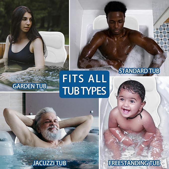 Full Body Bath Pillow for Tub - Extra Long & Thick Tub Pillow with Head, Back & Lumbar Support, 168 Non-Slip Suction Cups, Soft 5D Mesh Spa Cushion, Fits All Tubs-Gift for Soaking