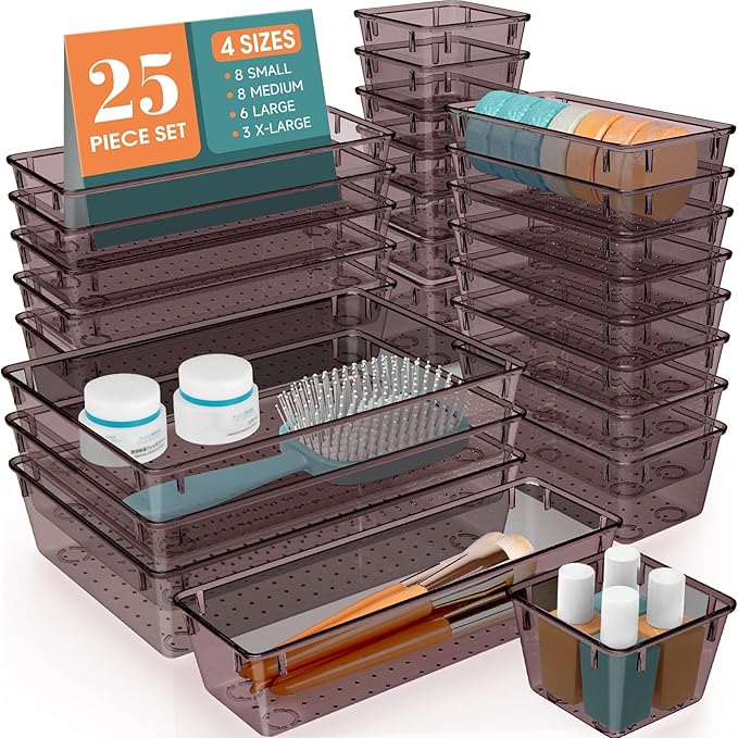 WOWBOX 25 PCS Plastic Drawer Organizer Set, 4 Sizes Desk Drawer Divider Organizers and Storage Bins for Makeup, Jewelry, Gadgets for Kitchen, Bedroom, Bathroom, Office, Clear Brown