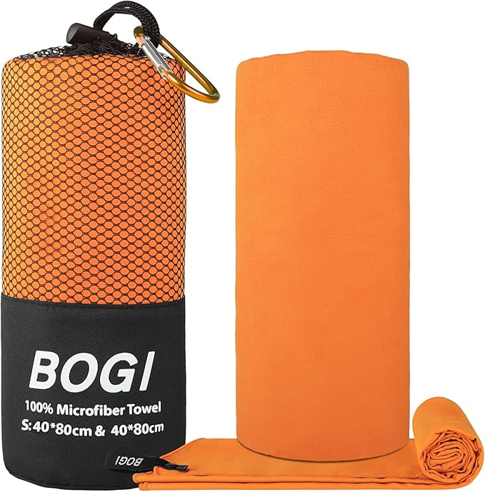 BOGI Microfiber Travel Sports Towel-Quick Dry Towel, Soft Lightweight Microfiber Camping Towel Absorbent Compact Travel Towel for Camping Gym Beach Yoga Swimming Backpacking (S:16''x32'',2Pcs-Orange)
